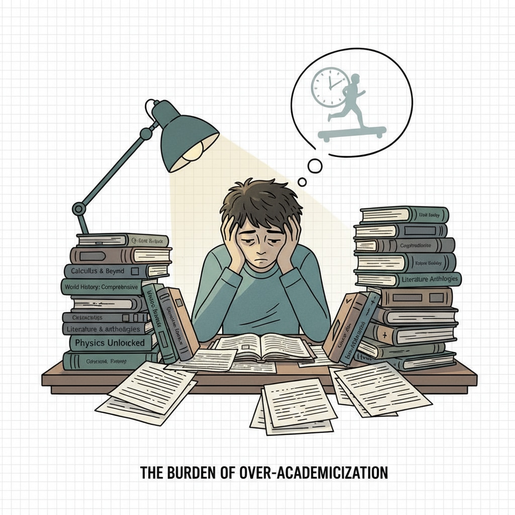 A tired student surrounded by homework, representing the negative side of educational views on student homework