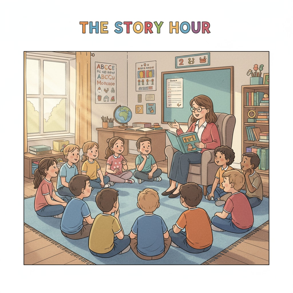Students listening to a story in an educational setting related to storytelling in education, identity transformation, and teaching methods
