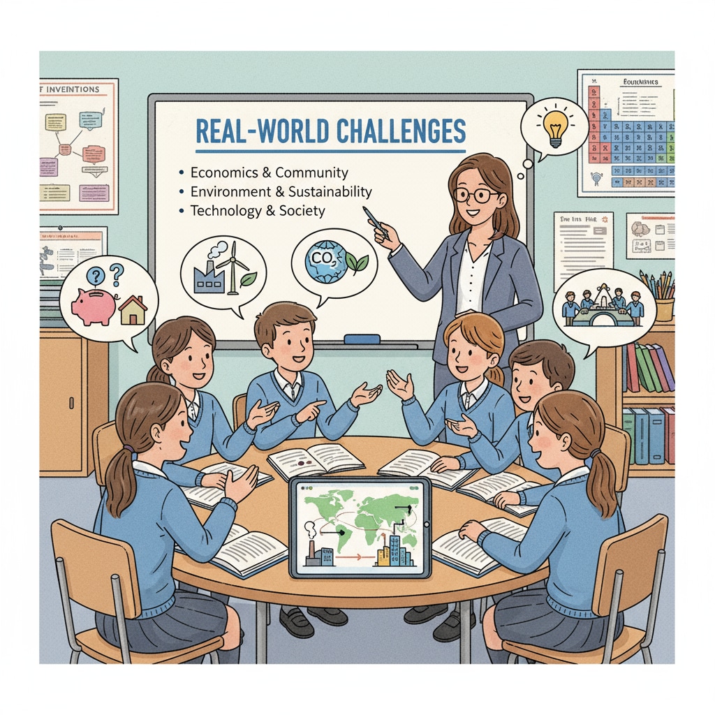 A group of students are engaged in a discussion about different real - world scenarios in a classroom setting. The teacher is observing and guiding the conversation. Students discussing real challenges in a classroom, highlighting school's role in student preparedness