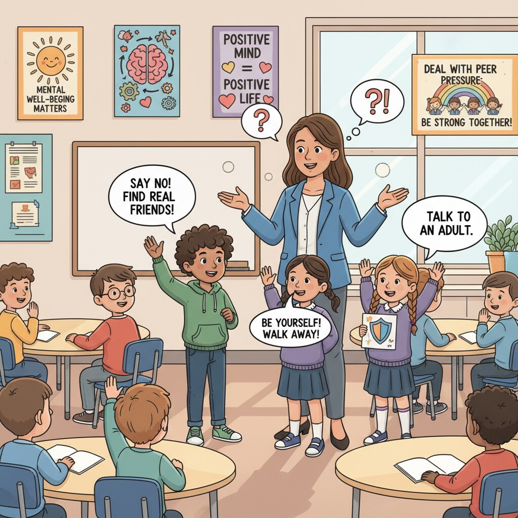 A teacher is leading a class discussion where students are sharing their thoughts on handling peer pressure. There are posters on the wall related to mental health and well - being. Teacher leading a class discussion on handling peer pressure, emphasizing school responsibilities for student preparedness