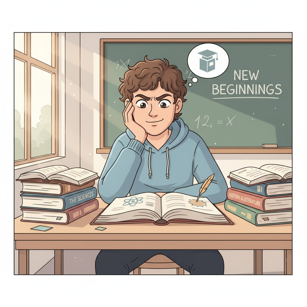 A young person sitting at a desk, looking at books, with a determined expression, symbolizing the desire to return to learning A high - IQ individual showing determination to overcome educational interruptions and return to learning