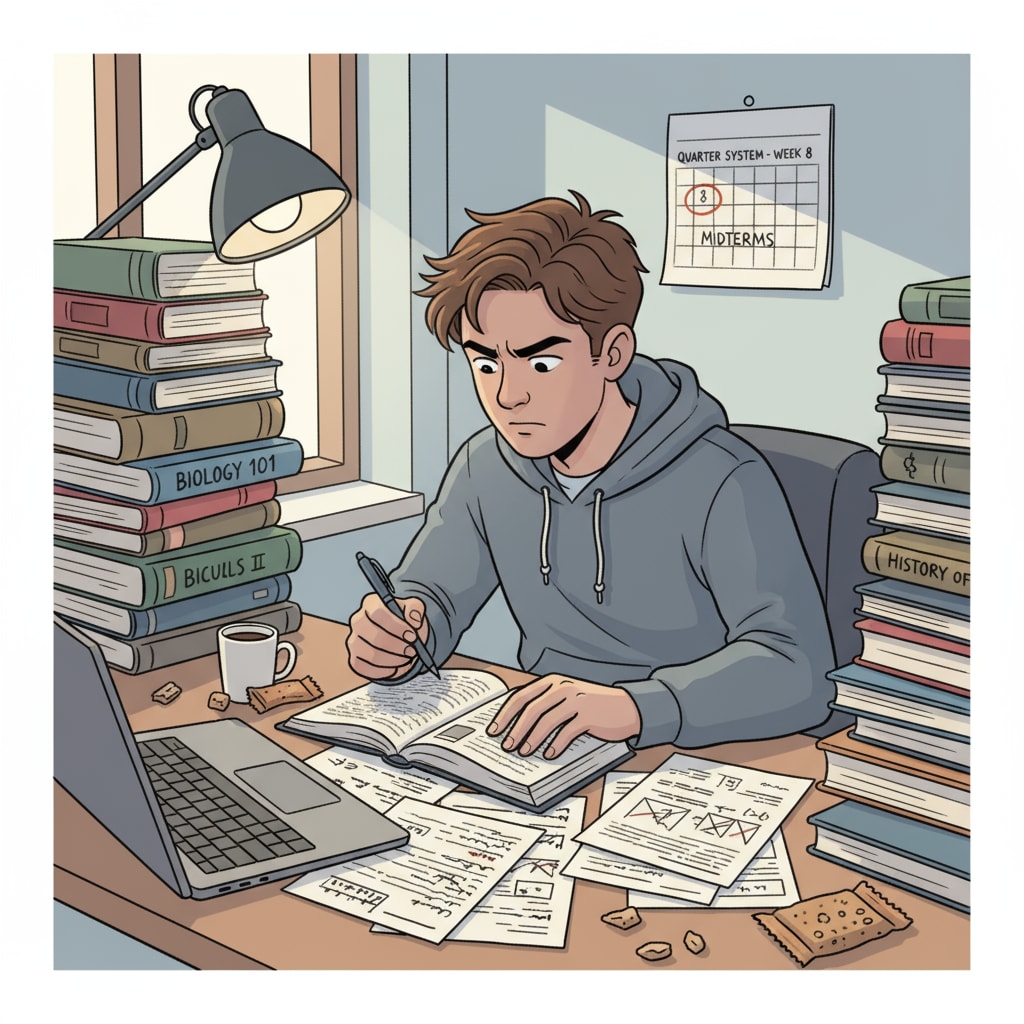 Student studying during a quarter system with high academic focus