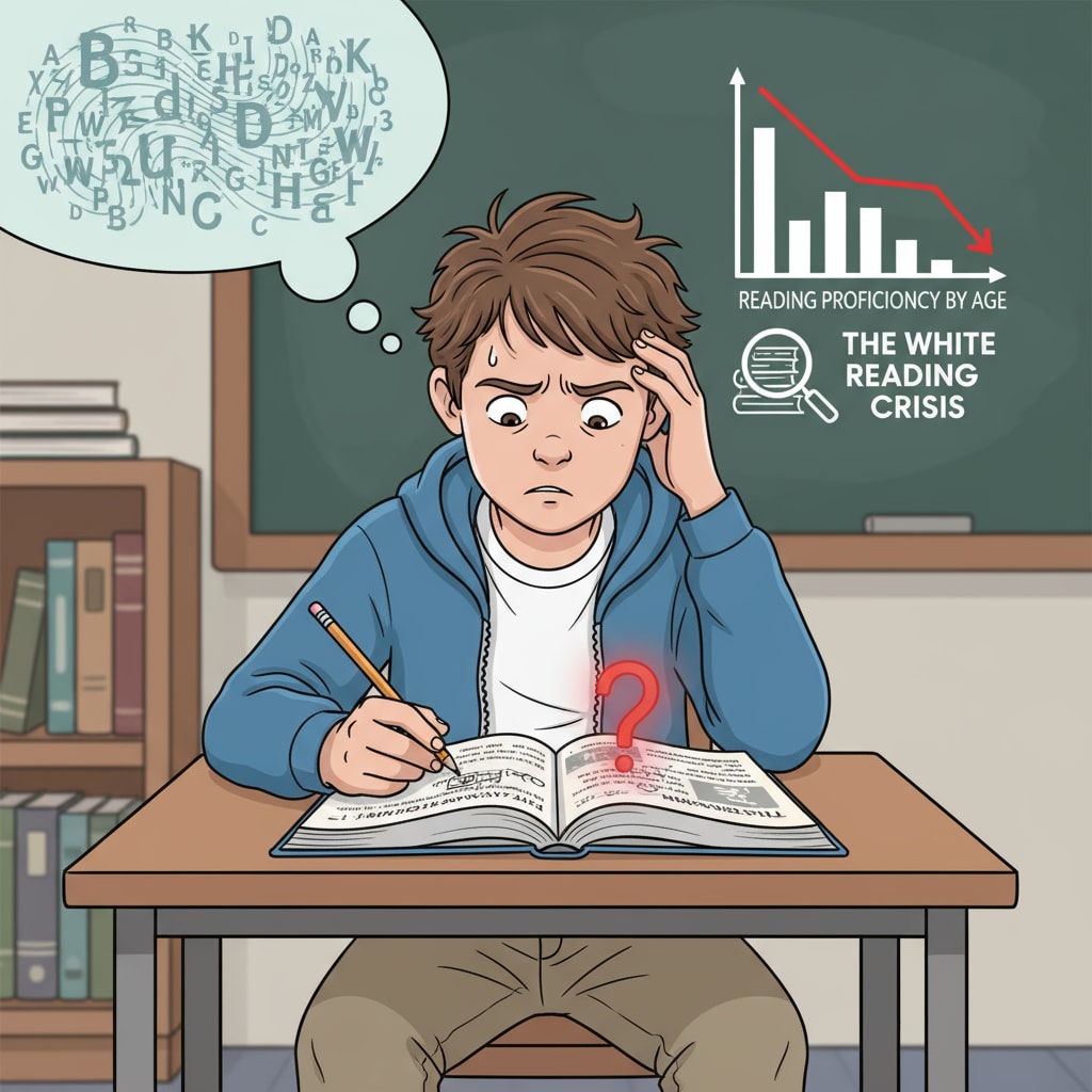 White student struggling to read a book at a desk, related to reading ability, race, and educational disparities.