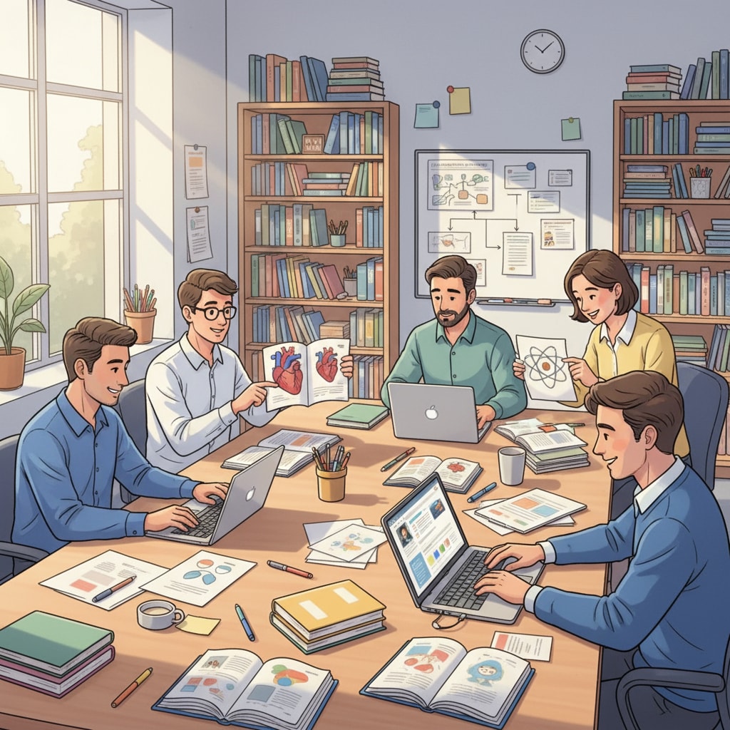 A group of education professionals in a non-teaching office setting, contributing to educational initiatives for job security.