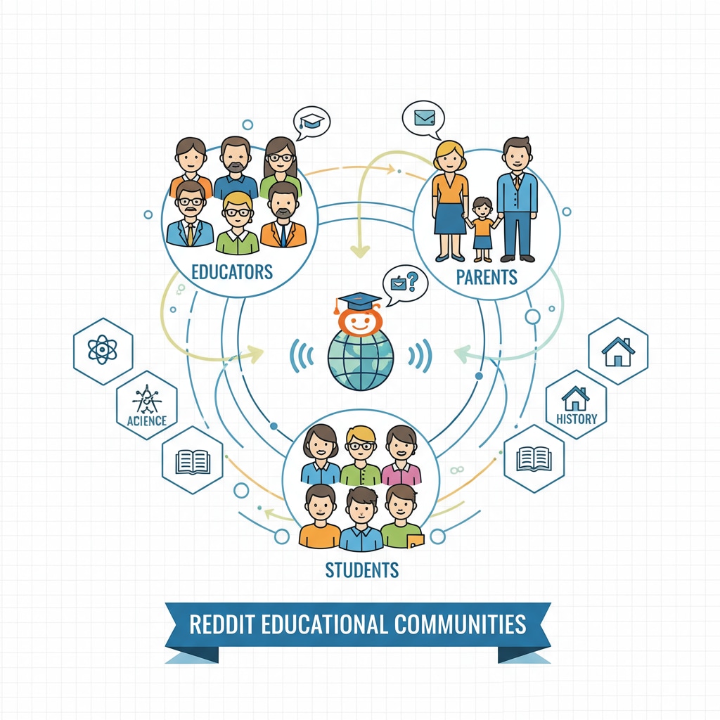 Illustration of people connecting in an online educational community related to Reddit's educational community rules, networks, and subreddit resources