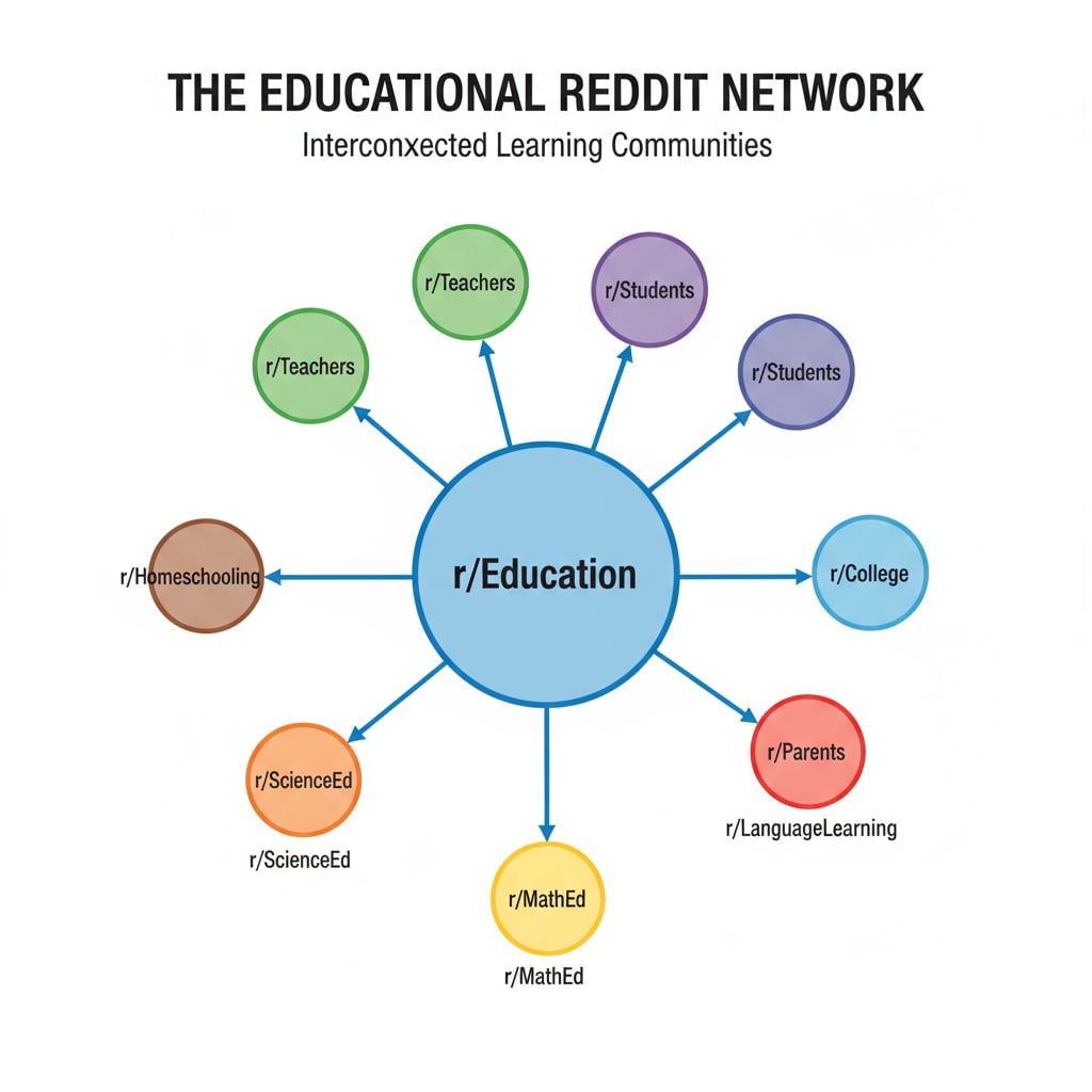Visual representation of different subreddits forming an educational network, related to Reddit's educational community rules, networks, and subreddit resources
