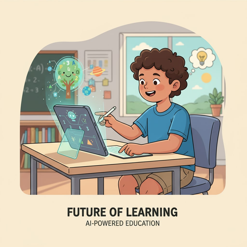 A child using an AI device for learning in the context of artificial intelligence education by Derek Li with machine learning teaching elements