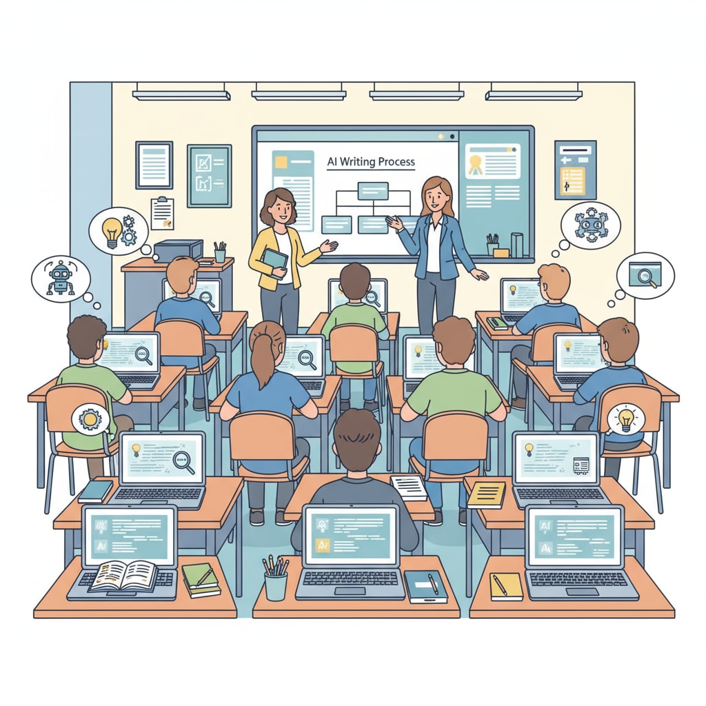 Students using AI writing tools to enhance their writing skills in a classroom