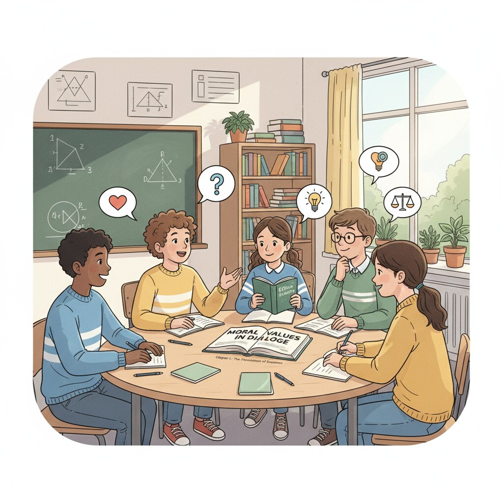 Students discussing moral values in a K12 classroom setting, related to moral and ethical education as a compulsory part of civic education.