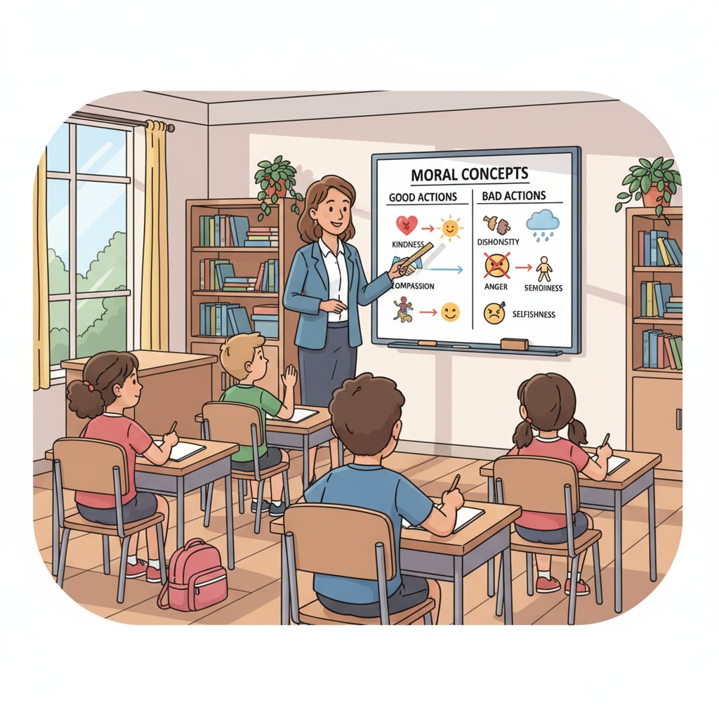 Teacher explaining moral concepts to K12 students, emphasizing the importance of moral and ethical education in civic development through compulsory courses.