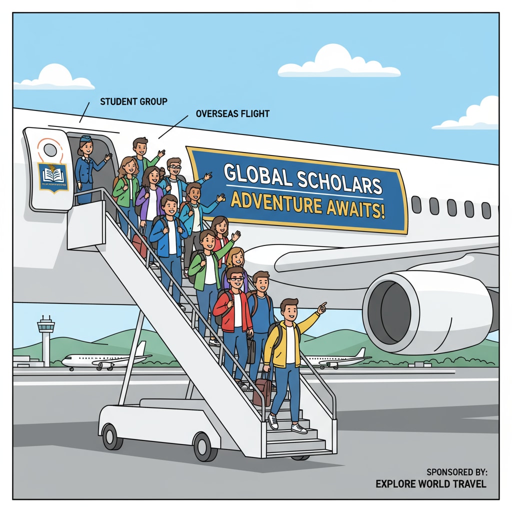 Students boarding a plane for an overseas trip organized by a travel company