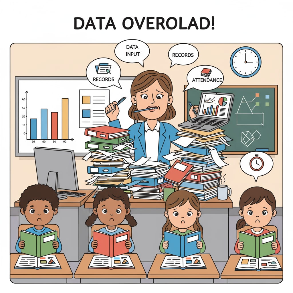 A K12 teacher dealing with data recording paperwork in a classroom