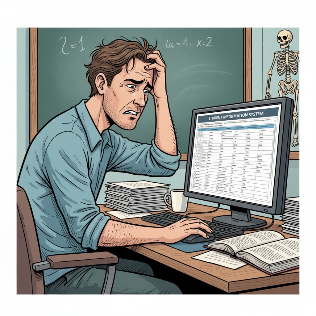 A frustrated K12 teacher looking at data entry forms on a computer