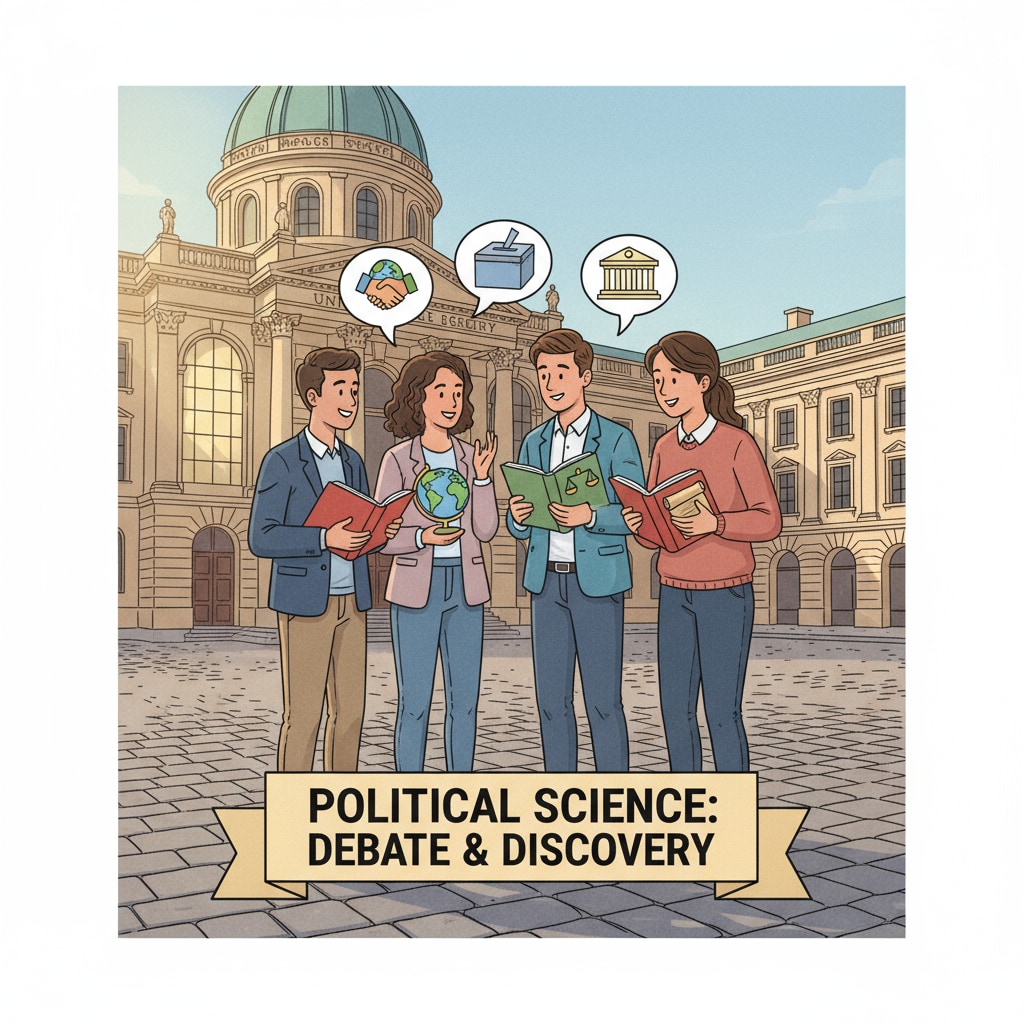 Students discussing politics in front of a European university building related to Politics, European universities,院校推荐（英文）