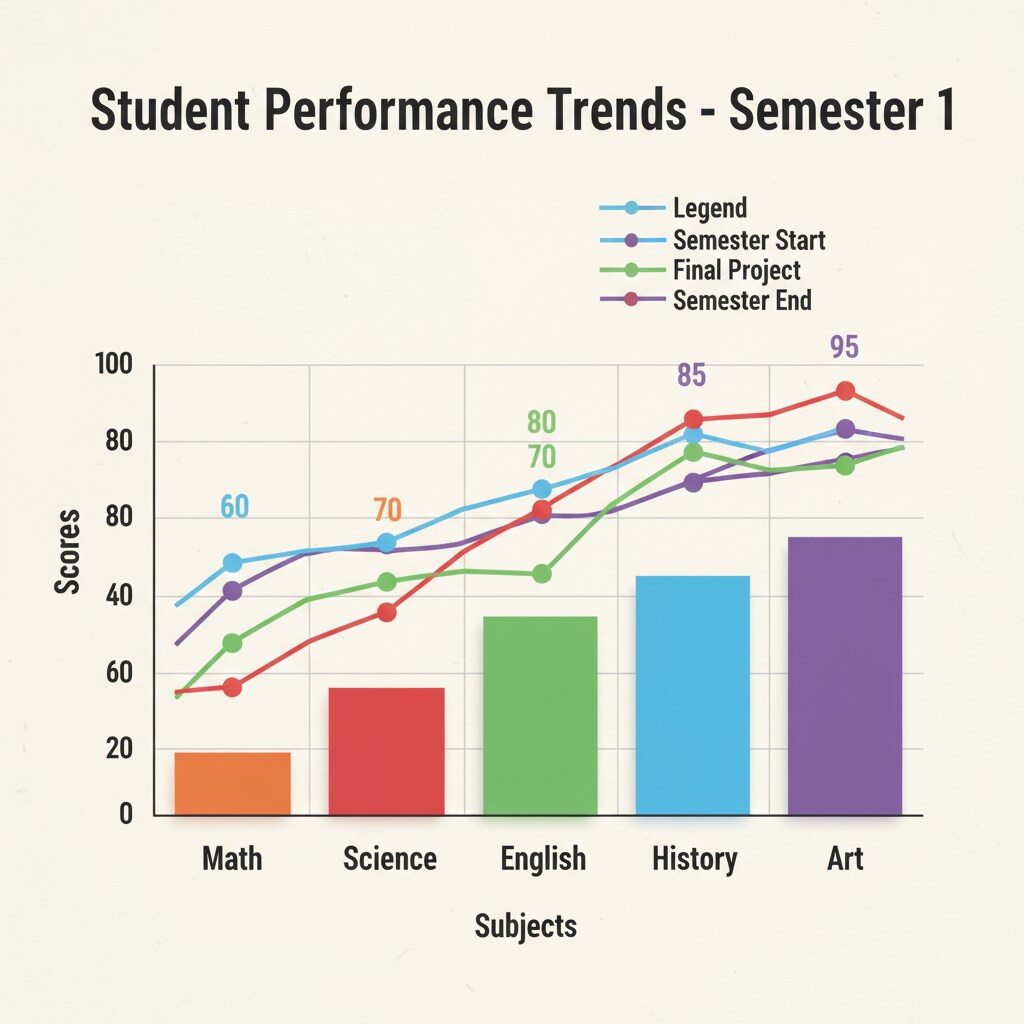 Graph of student performance trends in different subjects for K12 educators' data analysis