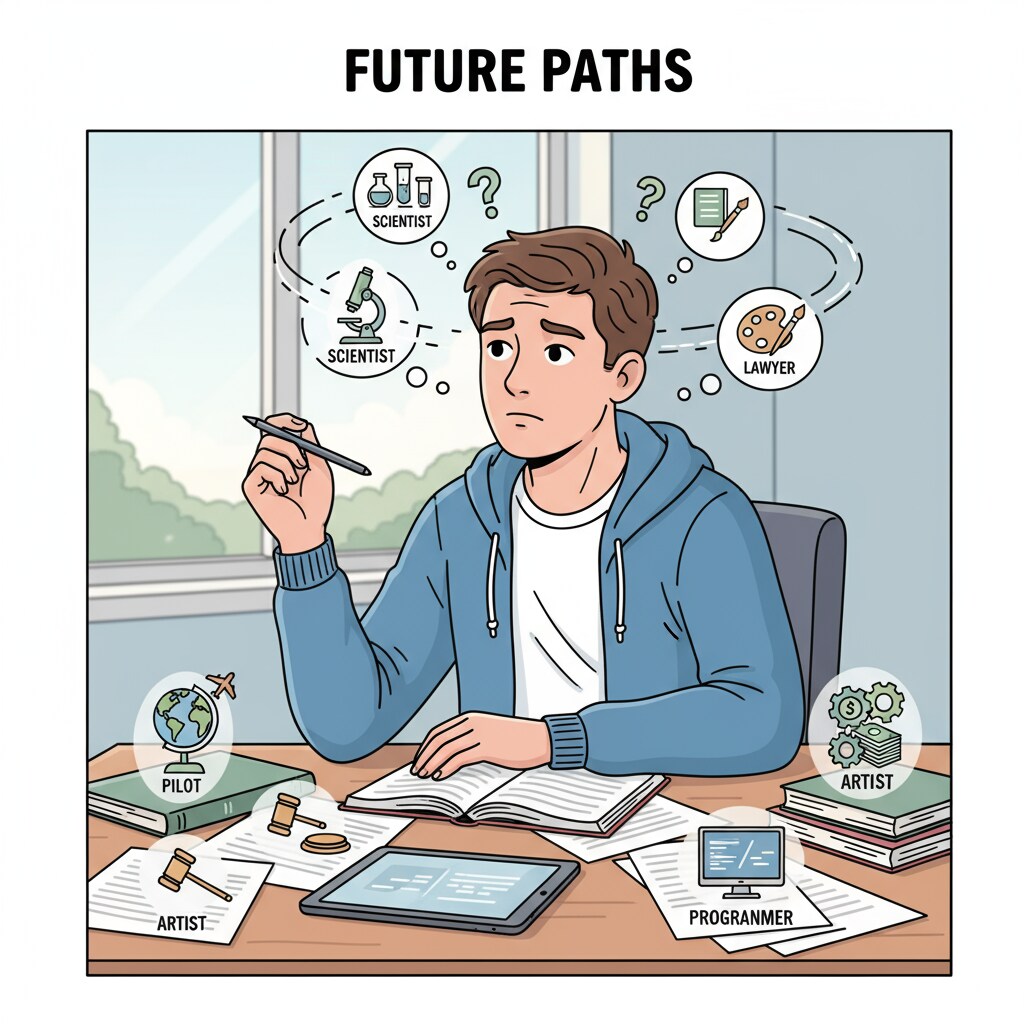 A student is sitting at a desk, with a pen in hand and papers scattered around. They are looking into the distance, a confused expression on their face as they think about the various future career paths they could take. A confused student thinking about career paths related to career planning, psychological crisis, and content creation