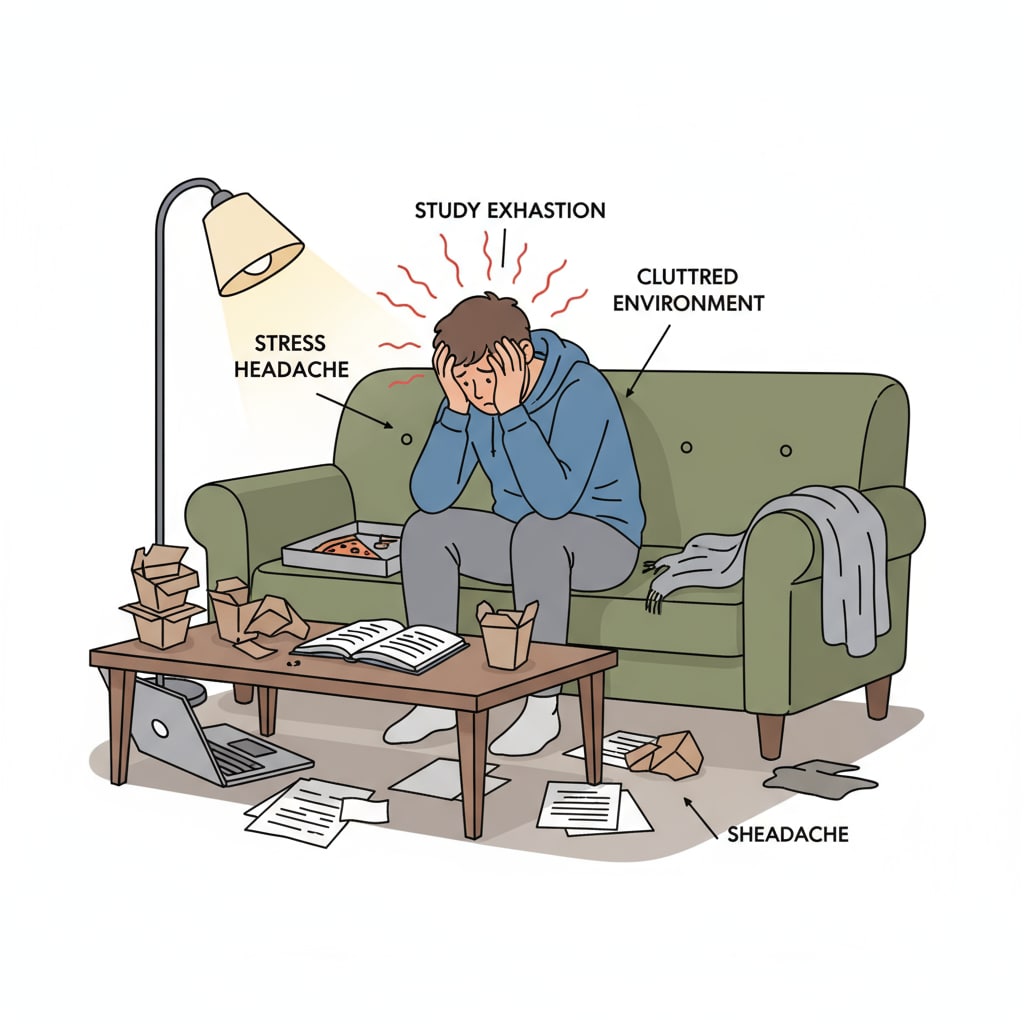 A person is sitting on a couch, their body slumped. They are holding their head in their hands, looking extremely stressed. The room is a bit messy, adding to the overall sense of unease. A stressed person experiencing a psychological crisis related to career planning and content creation