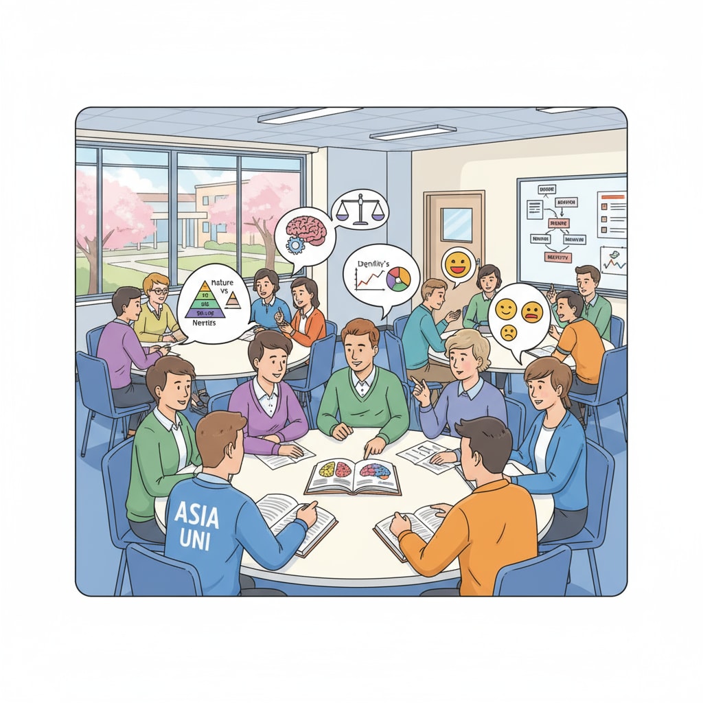 A classroom scene in an Asian university where transgender students are actively involved in discussing psychology topics with their peers. Transgender students participating in a psychology discussion in an Asian academic setting