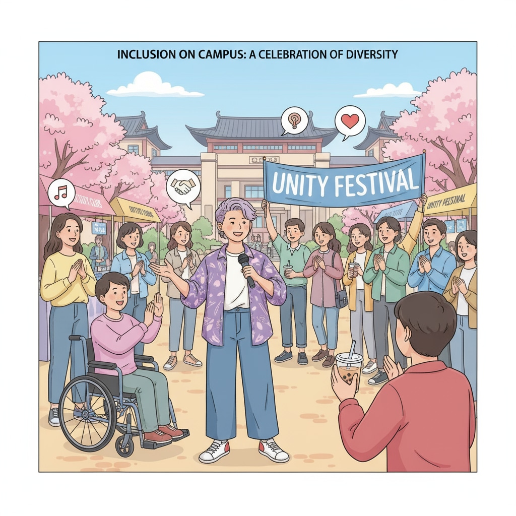 A social event on an Asian campus where a transgender student is interacting with classmates, showing a sense of inclusion. Transgender student engaging in social interaction with peers on an Asian campus