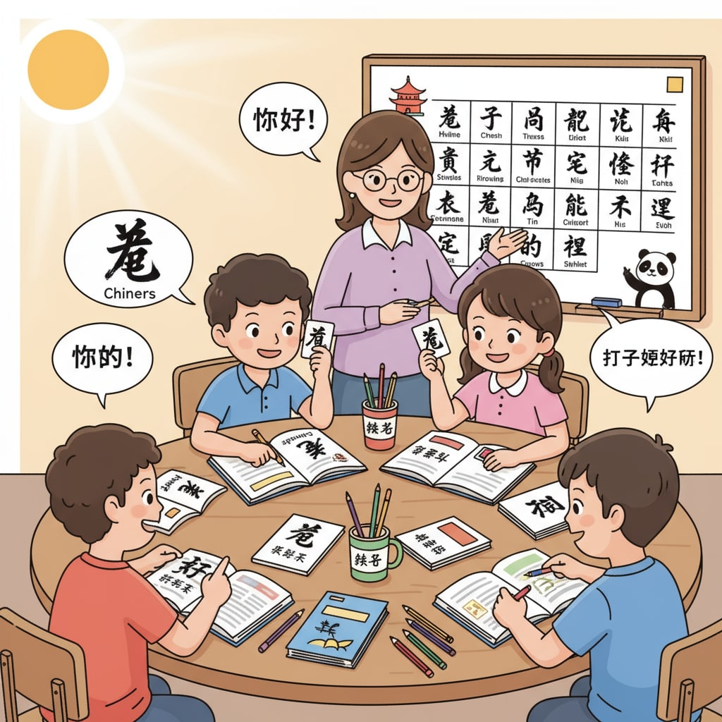 A group of K12 students sitting around a table, studying Chinese characters with enthusiasm K12 students exploring Chinese characters for language learning, knowledge, and cultural perspectives