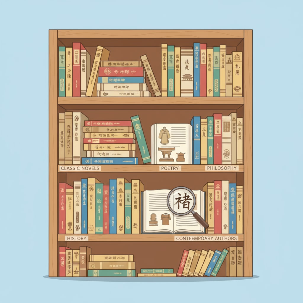 A bookshelf filled with Chinese literature books Chinese literature books offering knowledge and cultural perspectives in language learning