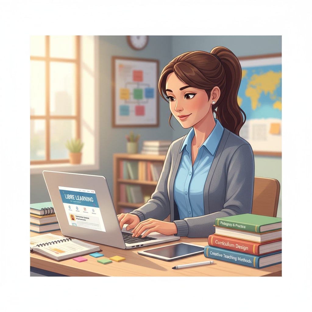 A teacher is sitting at a desk, using a computer to browse through a free learning platform, with notes and textbooks nearby, preparing engaging lessons for students. Teacher using a free learning platform for K12 education preparation