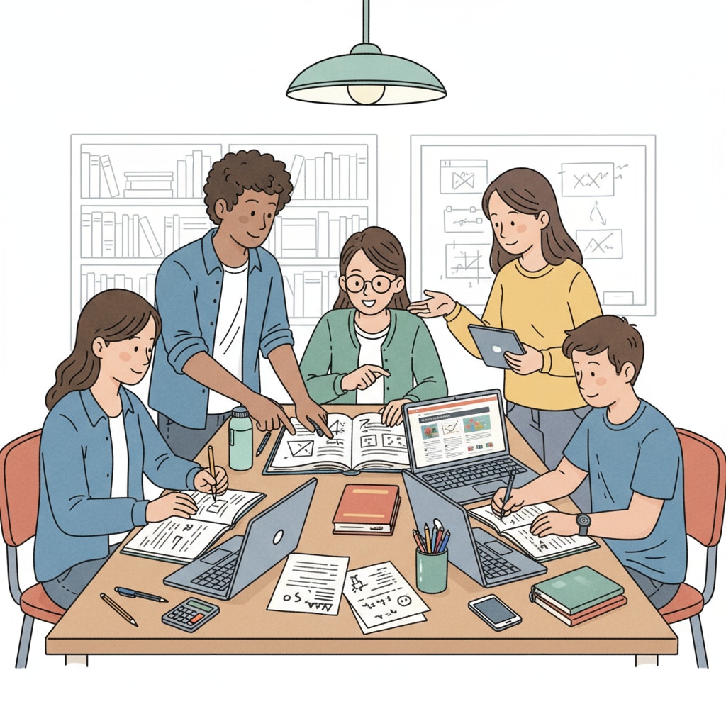 High school students using learning resources for math study in a collaborative setting