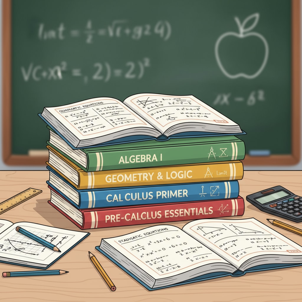 Stack of high school math textbooks and workbooks as learning resources