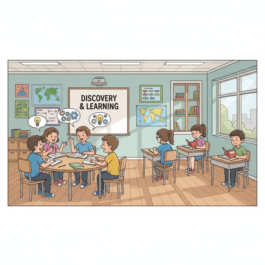 A classroom scene showing both group learning and individual learning and their potential impact on learning outcomes
