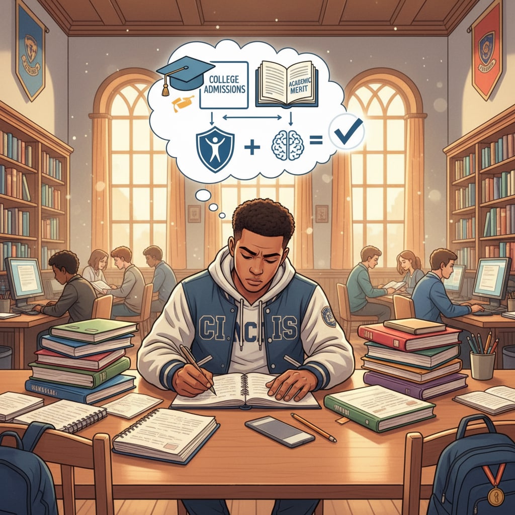 Student-athlete studying in a college library relevant to college admissions and academic requirements