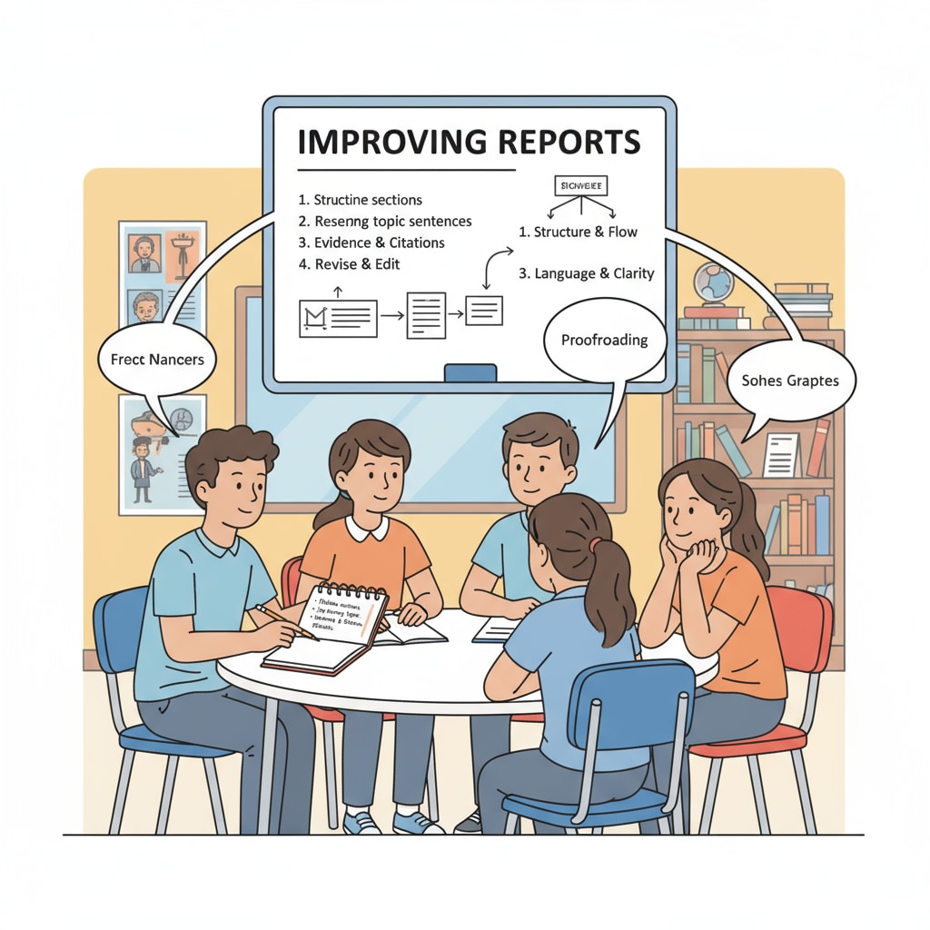 10th graders discussing report writing for better exam performance in academic writing