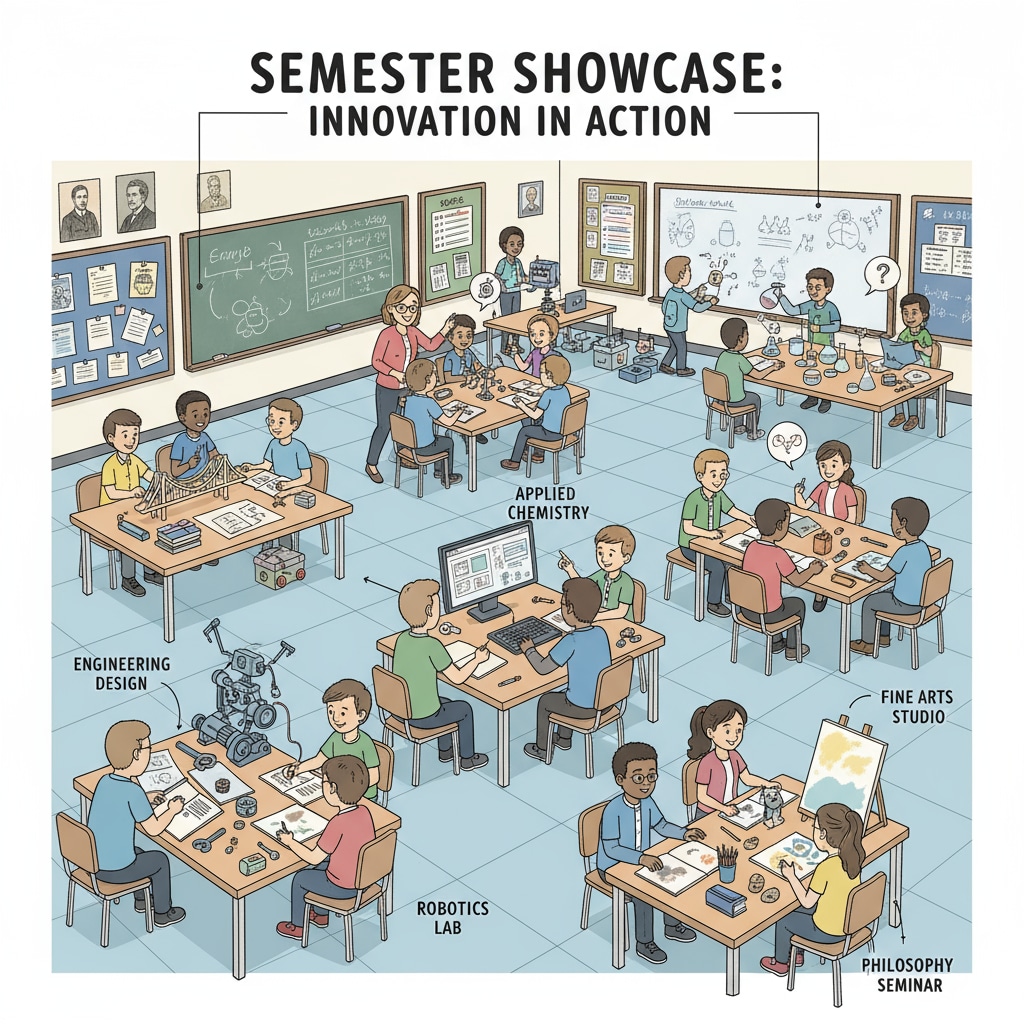 Students collaborating on different projects in a semester-based academic environment