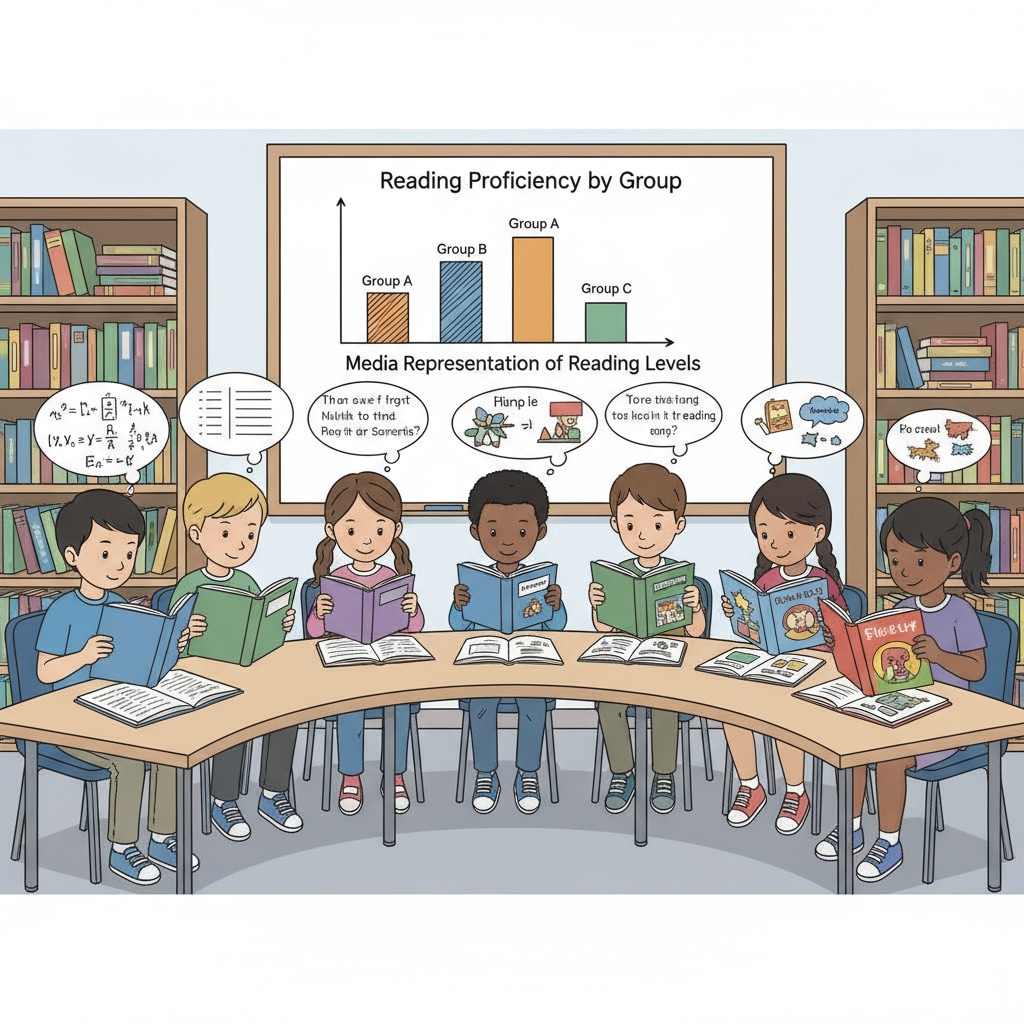 A diverse group of students reading books in a classroom related to reading ability, racial bias, and media coverage