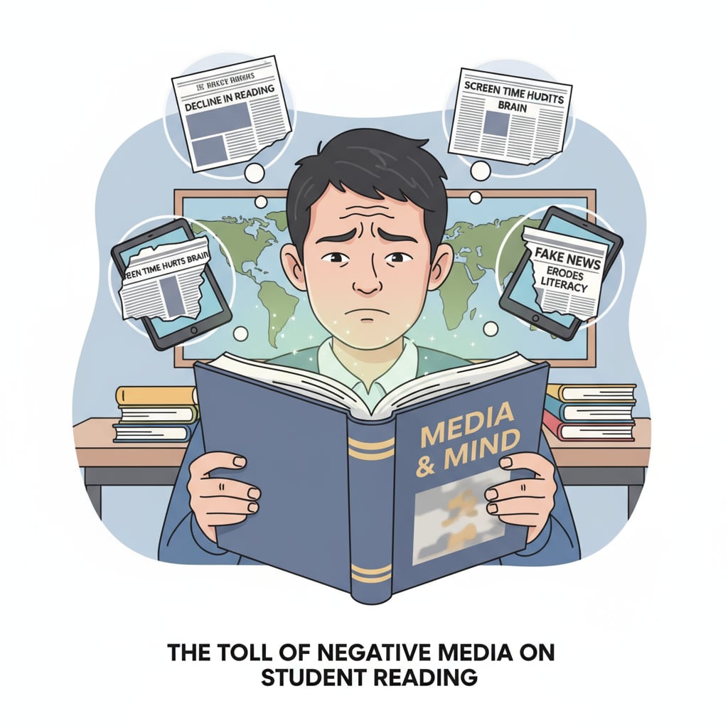 A worried student reading a book highlighting the effects of reading ability, racial bias, and media coverage