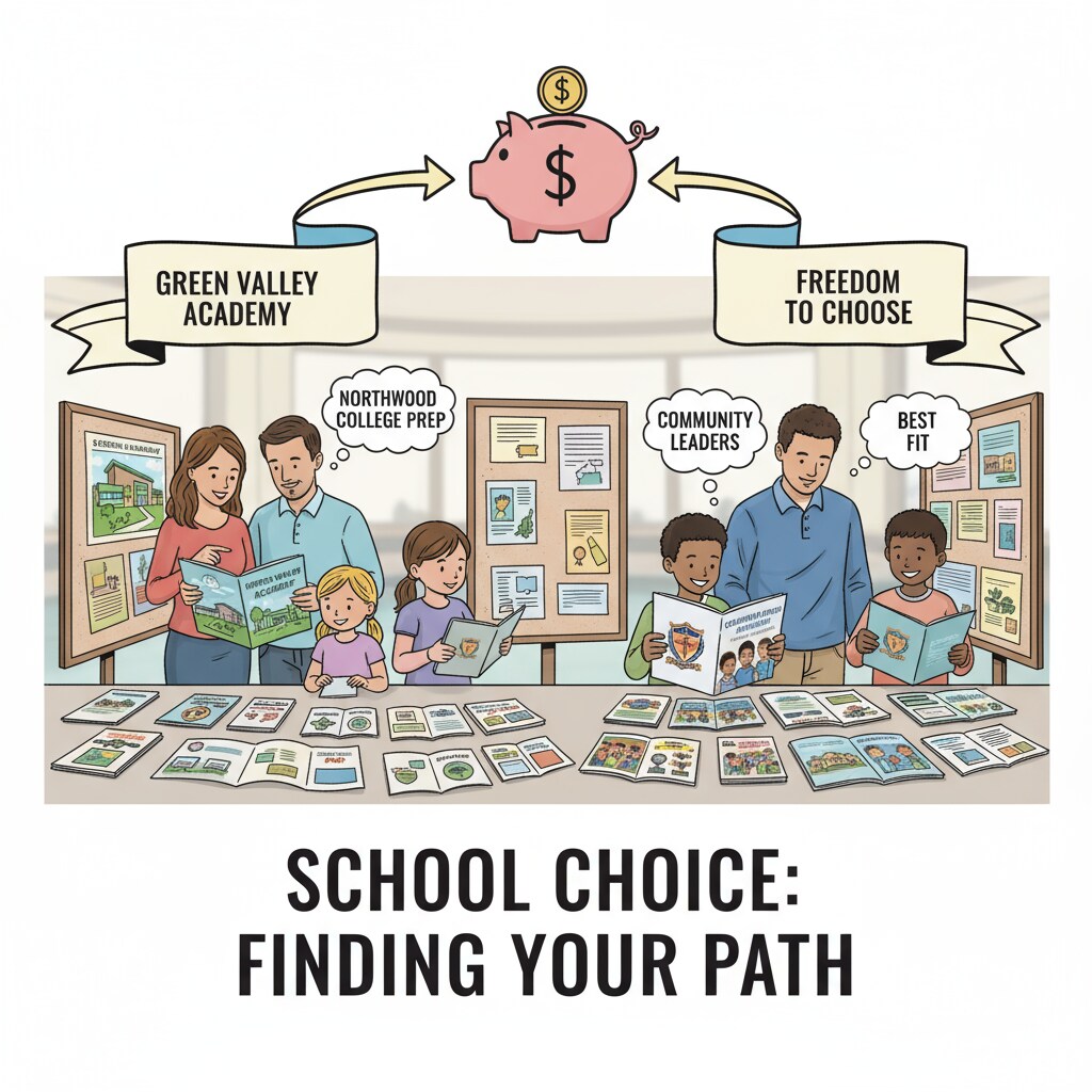 Students and parents exploring school options in the context of education system and voucher system