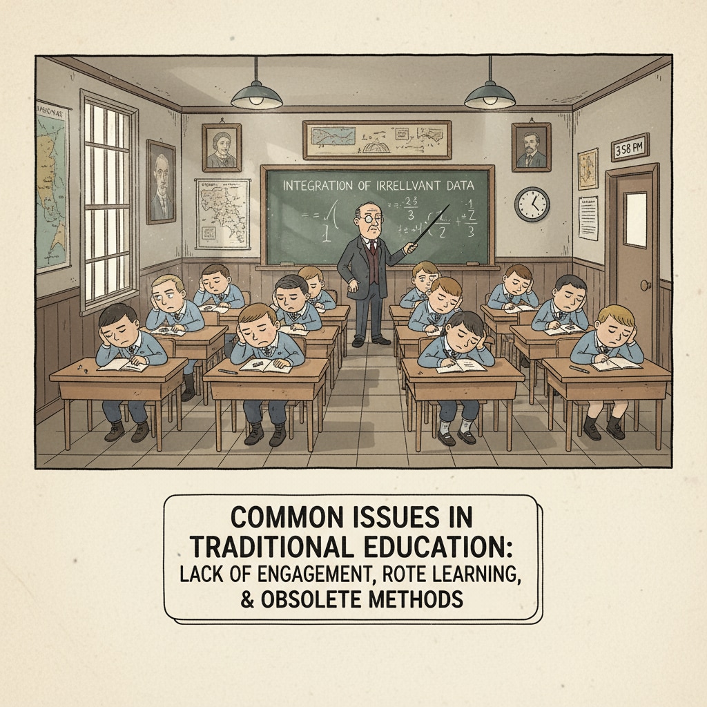Bored students in a traditional classroom, related to education system challenges