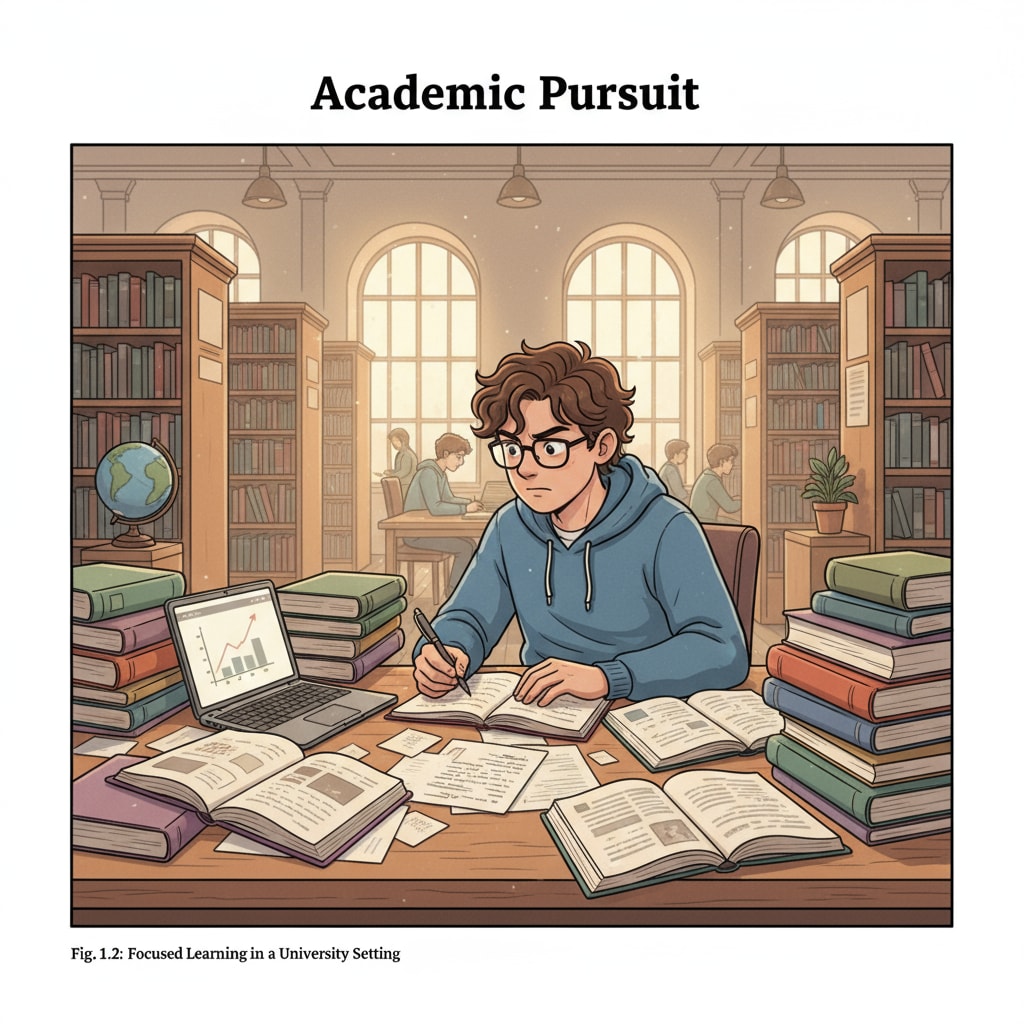 A student engaged in study for potential master's degree in the realm of higher education and career planning