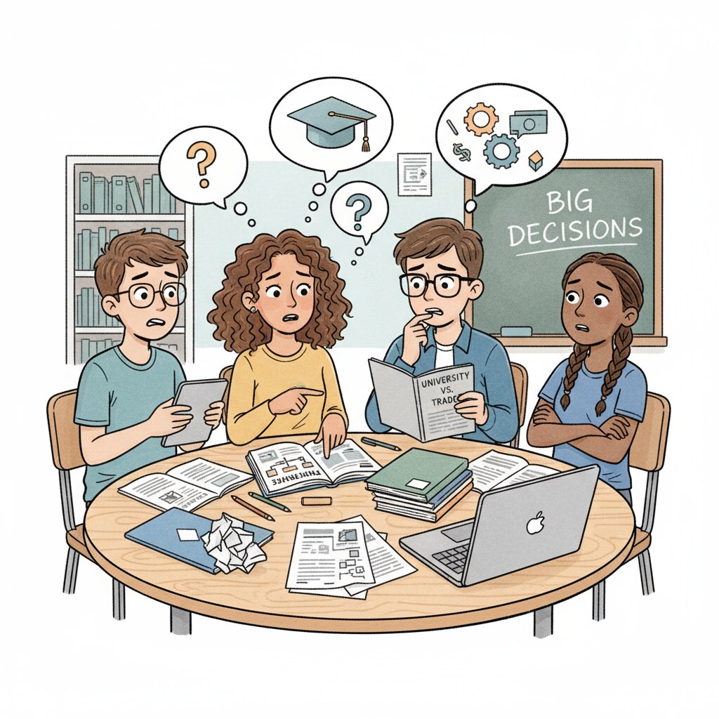 A group of teenagers are sitting around a table, looking worried as they talk about their educational choices. Teenagers discussing GED and high school education options due to mental health concerns for a modeling career
