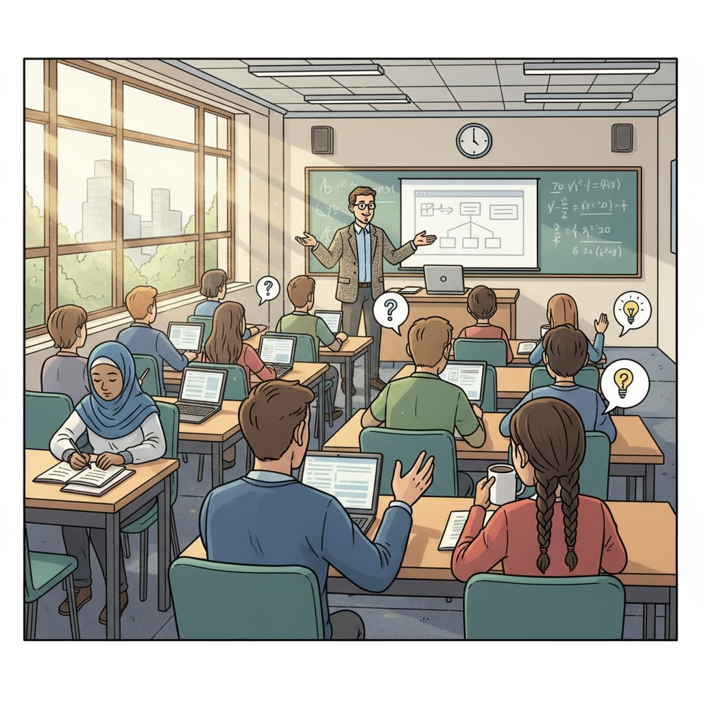 Students attending a morning class in a university lecture hall