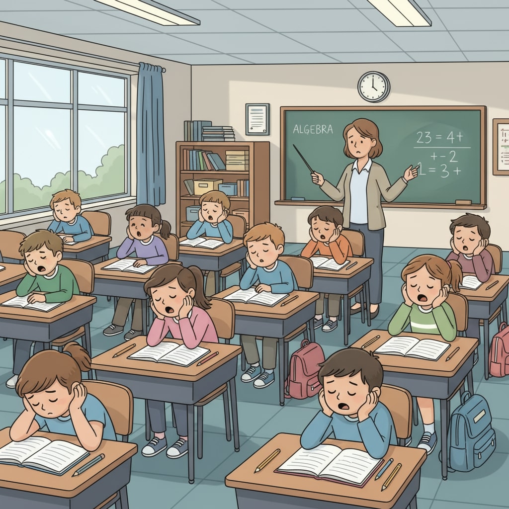 Tired K12 students in the classroom due to sleep deprivation, mental health issues, and school pressure