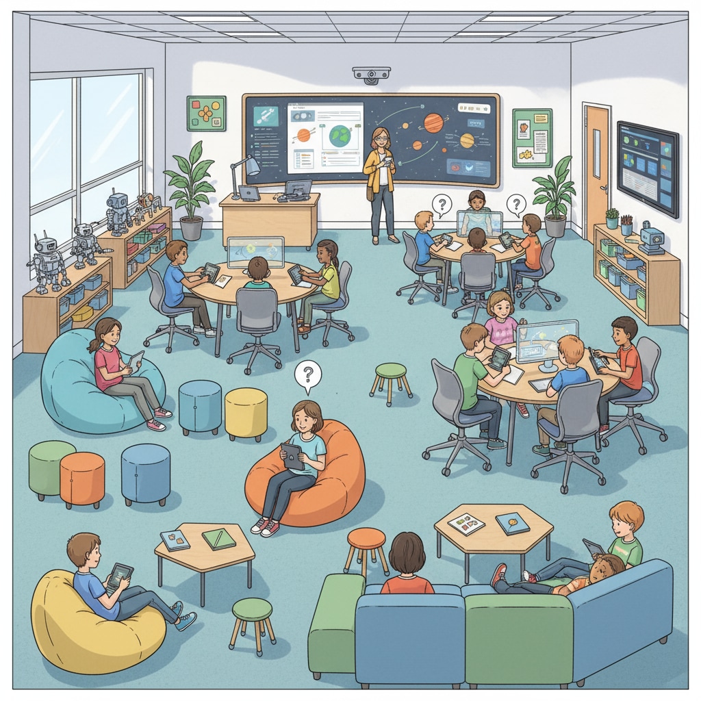 A modern K-12 classroom designed to meet the interests and needs of teenagers through architectural innovation.
