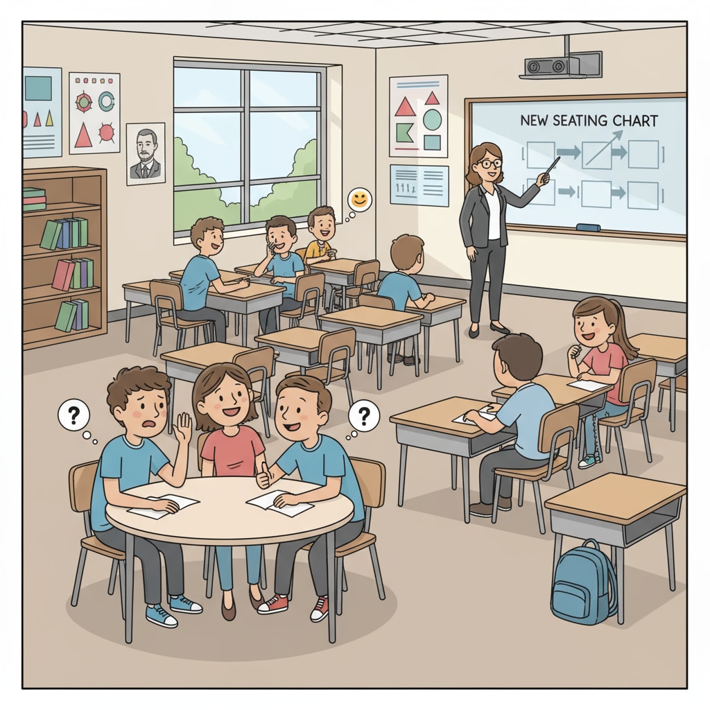 A classroom scene depicting seat adjustments and the resulting social pressure on students with solitude preferences.