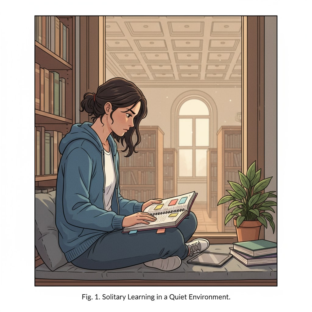 A solitary student studying in a quiet environment, emphasizing solitude preferences.