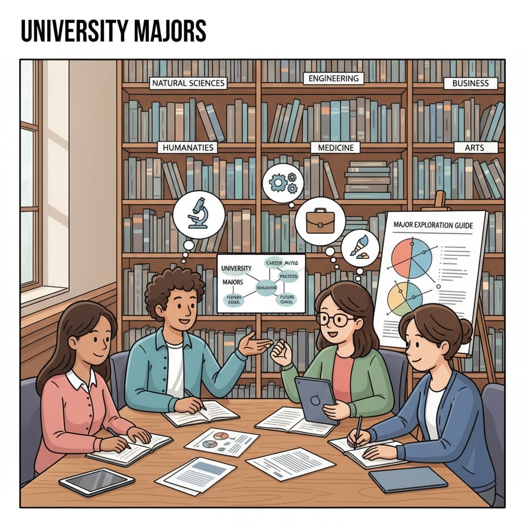 Students discussing university major options related to math, physics, software engineering, and career prospects in a library