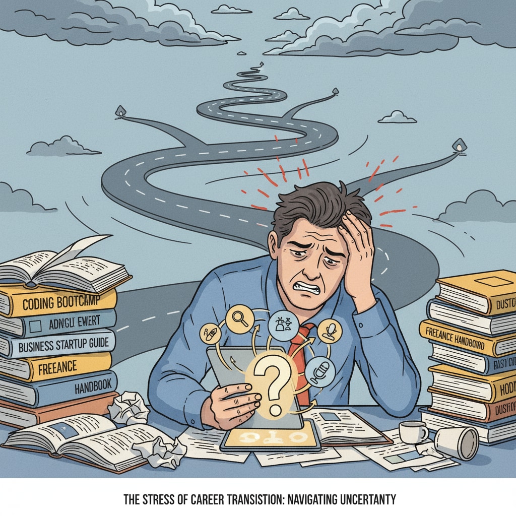 A stressed individual during a career transition related to career planning, physical therapy, and content creation.