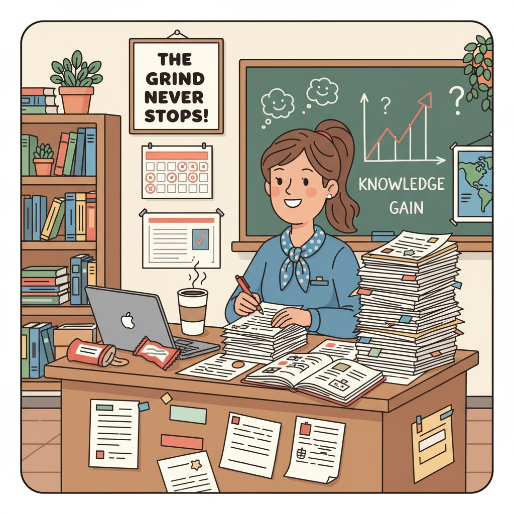 A teacher grading papers at a cluttered desk representing teaching work conditions