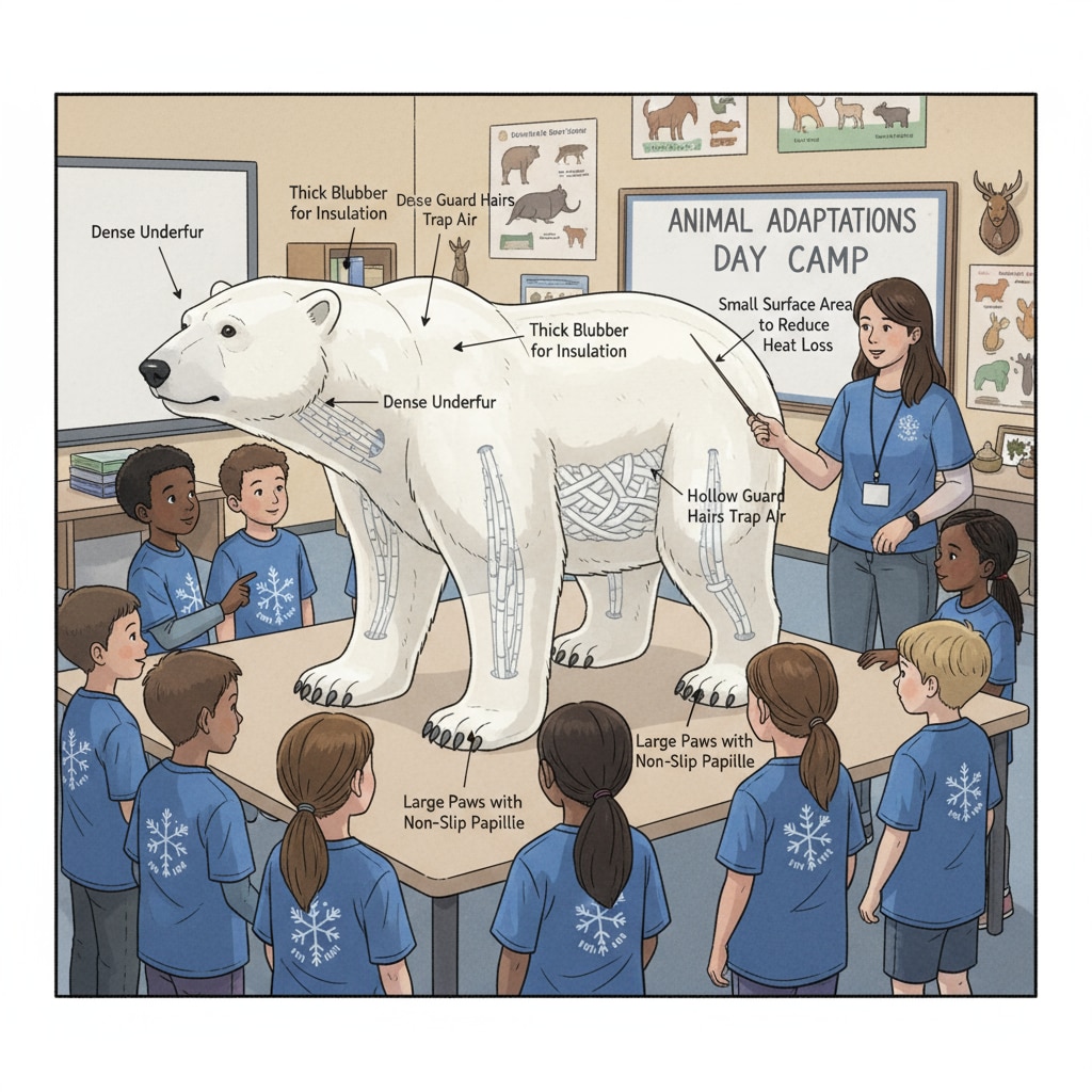Children observing polar bear adaptation features at an animal adaptation day camp