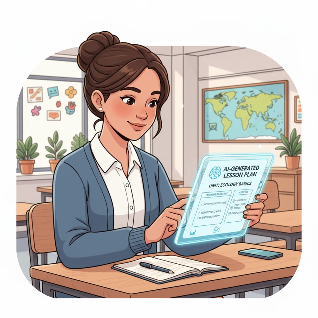 A student teacher using an AI-generated lesson plan for teaching