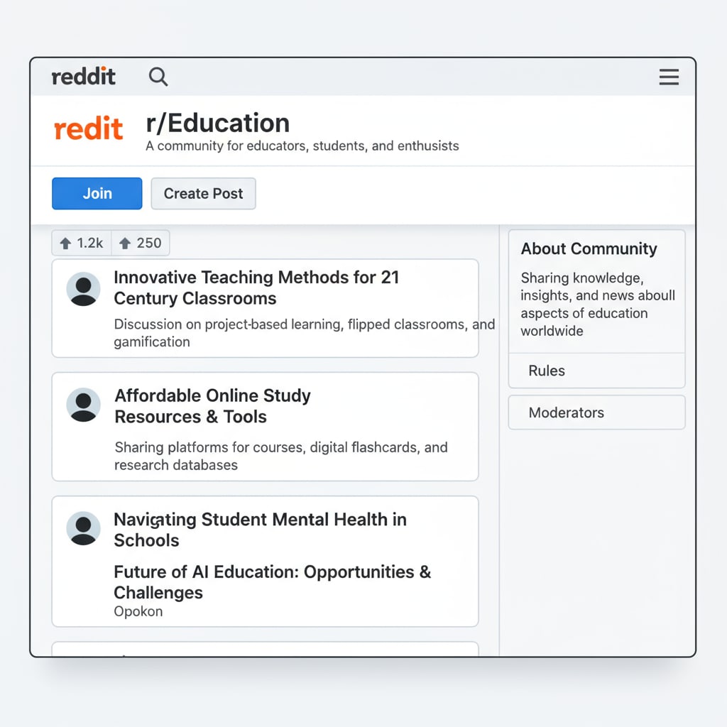 Screenshot of Reddit's r/Education page for educational community rules, network exploration, and resource navigation