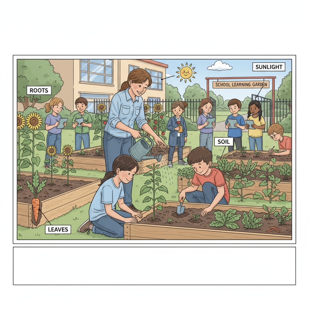 Students engaged in practical and interdisciplinary learning in a school garden